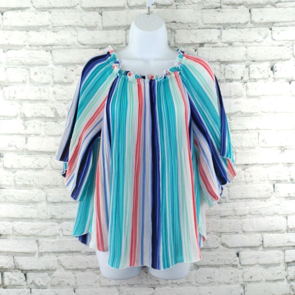 Worthington Womens Blouse Small Multi Color Striped Bell Sleeve Elastic Neck